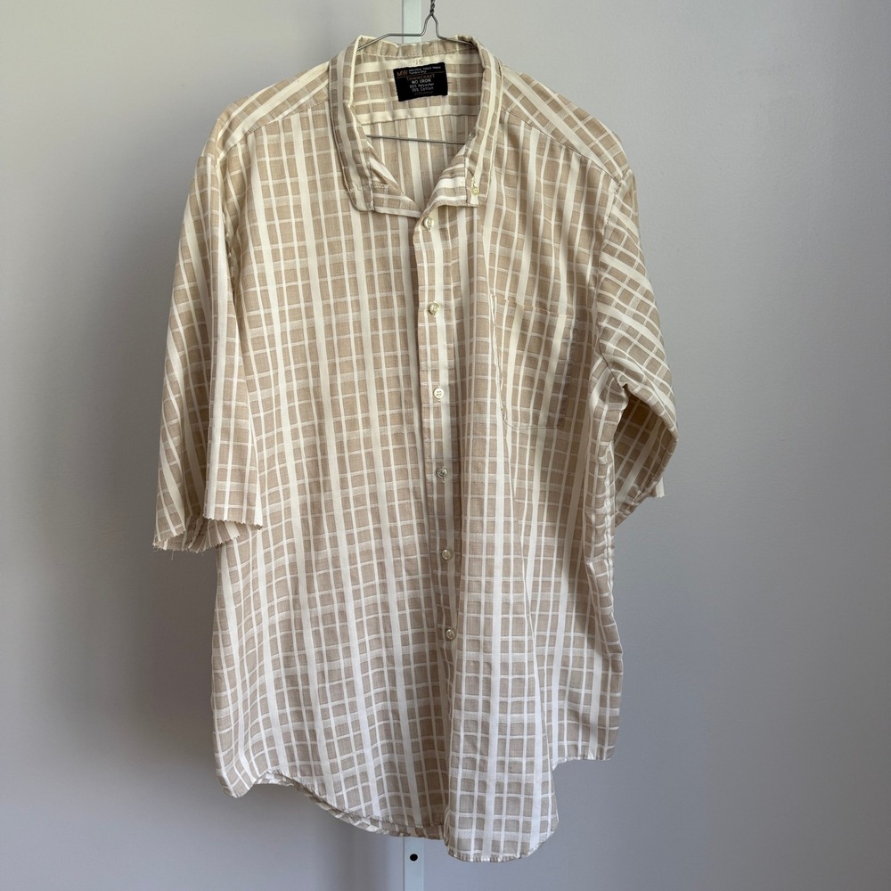 Towncraft Cotton Blend Relaxed‎ Rugged Vintage Plaid Button Shirt L Tan Beige